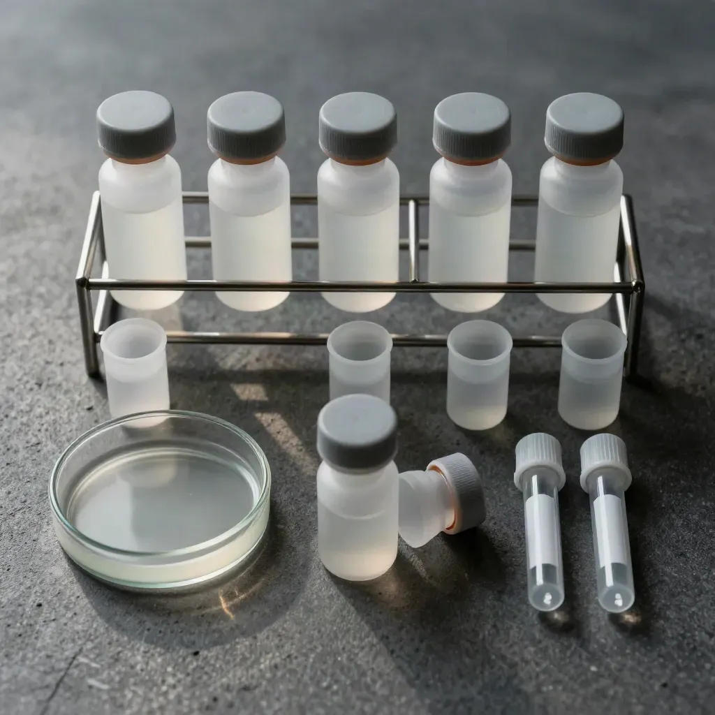 Top-down lab still life with frosted vials, steel rack, and glass petri dish on dark concrete.