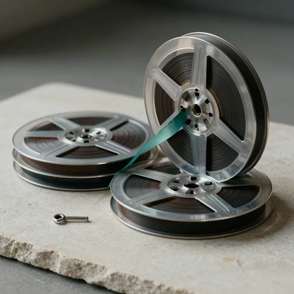 Brushed film reels, splice case and hex key on pale stone with teal accent.