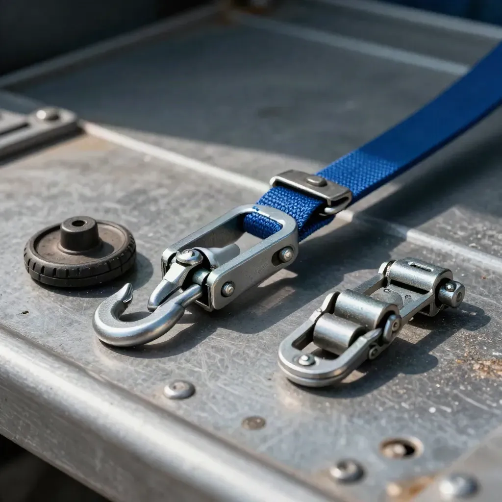 Cargo tie-down hardware on brushed metal, with a blue strap and dust in hard light.