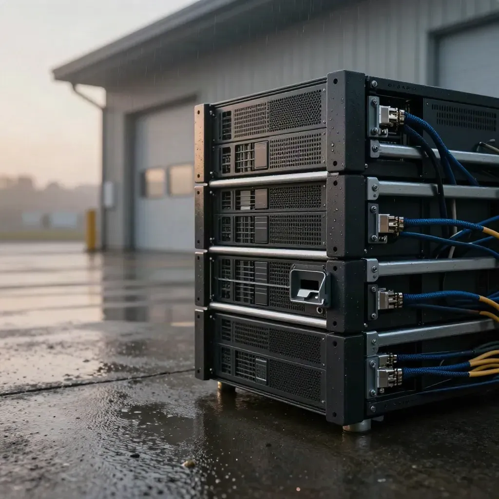 Rain-soaked rackmount servers and cables on a loading dock at dawn