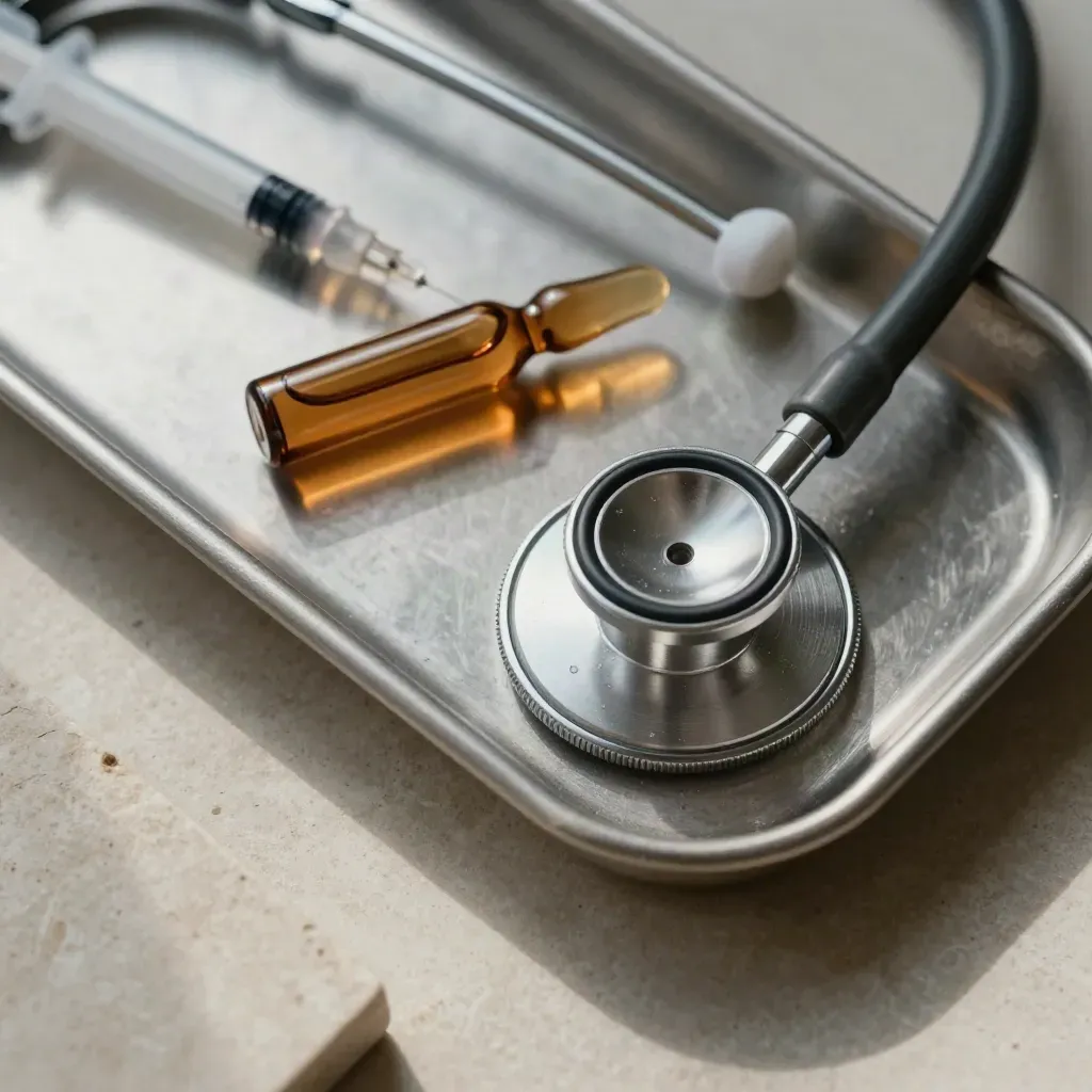 Overhead still life of stethoscope, amber ampoule, syringe cap and steel tray on pale stone.