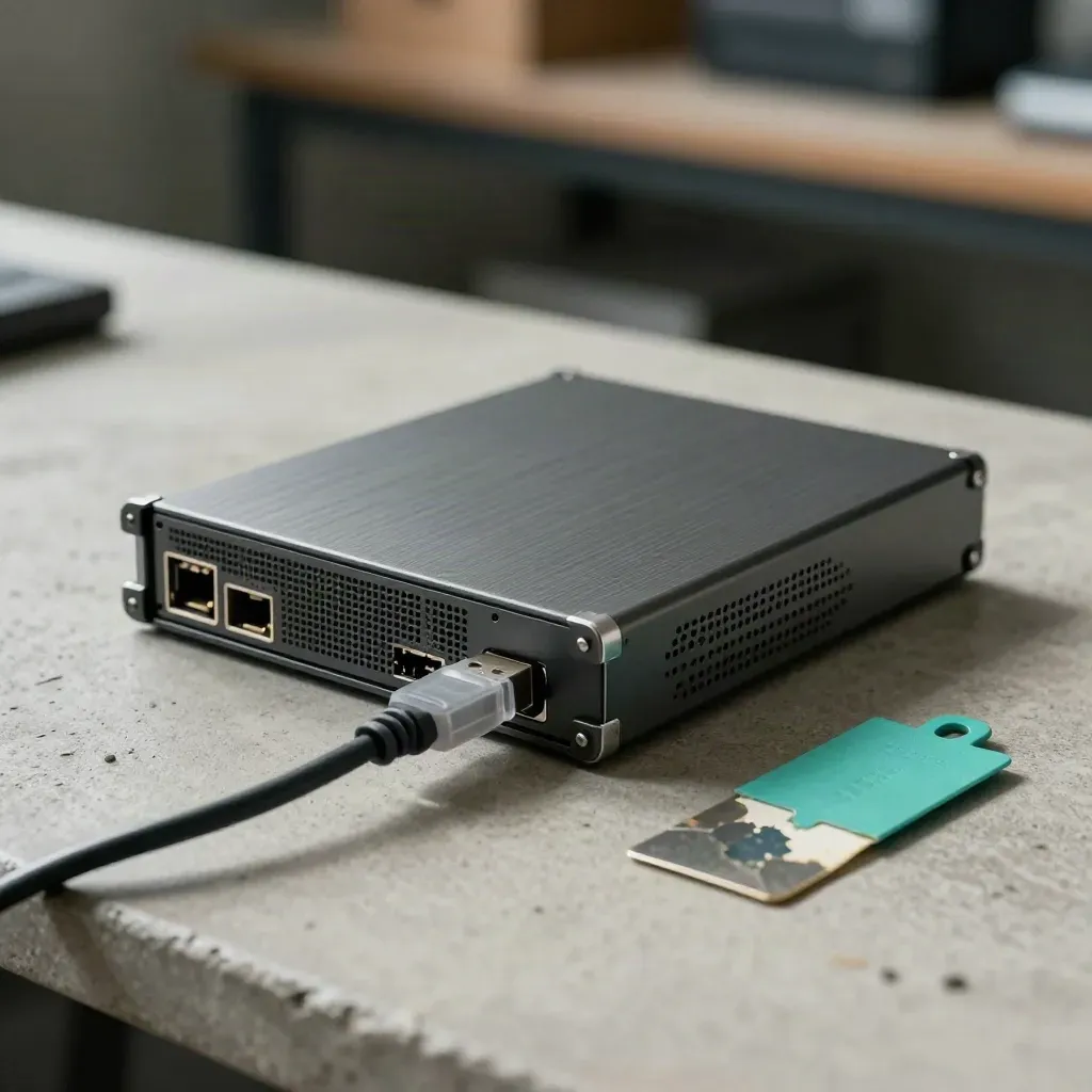 Server blade, braided cable, USB key, and thermal pad on concrete in dramatic light.