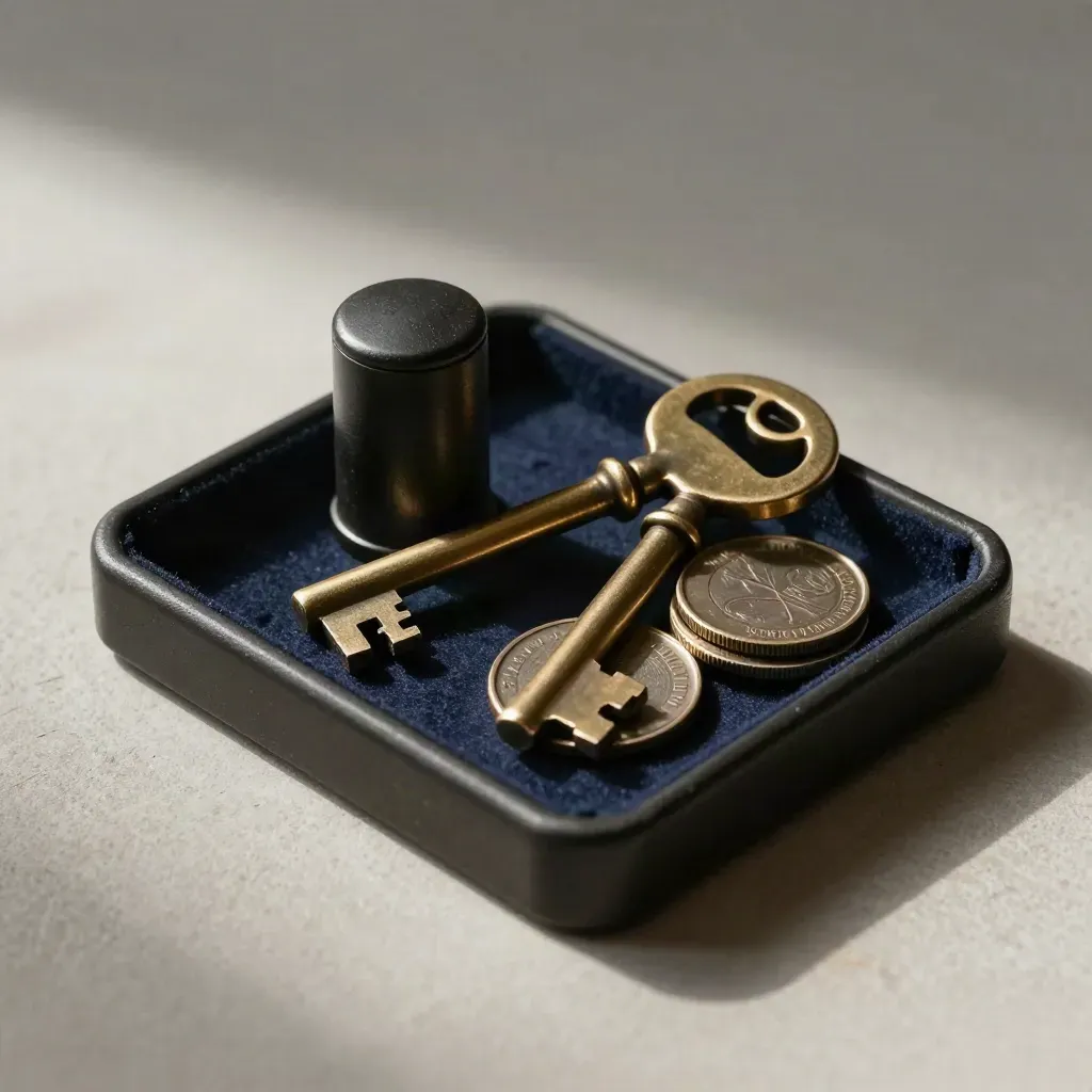 Brass vault key, lock cylinder, metal tokens and felt-lined tray on pale plaster.