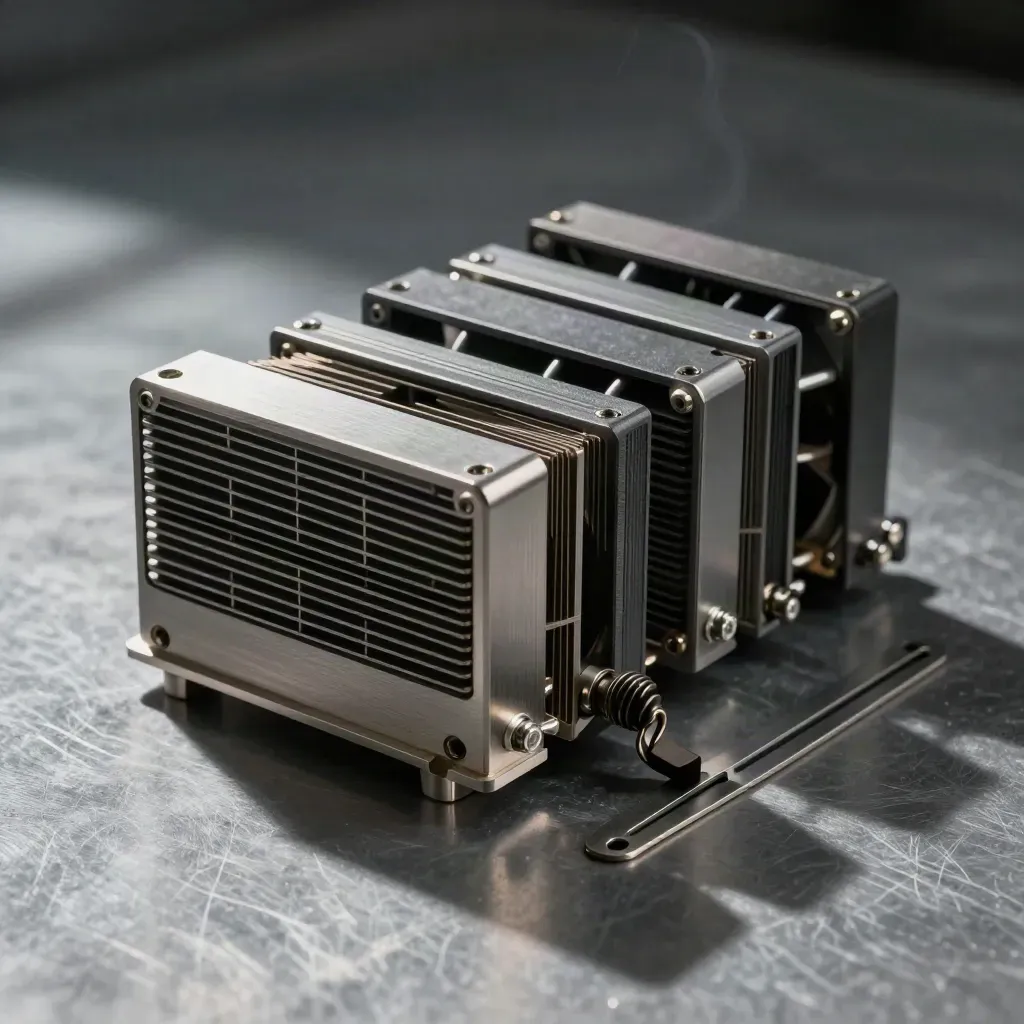 Cooling fan modules, clamp, and spacer plates on brushed metal in dramatic studio light.