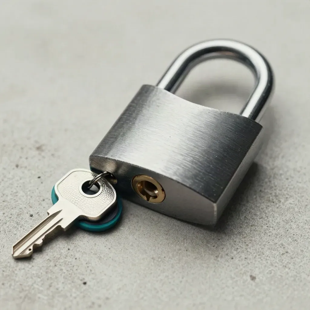 Top-down macro of a padlock, key ring, and gasket on pale concrete