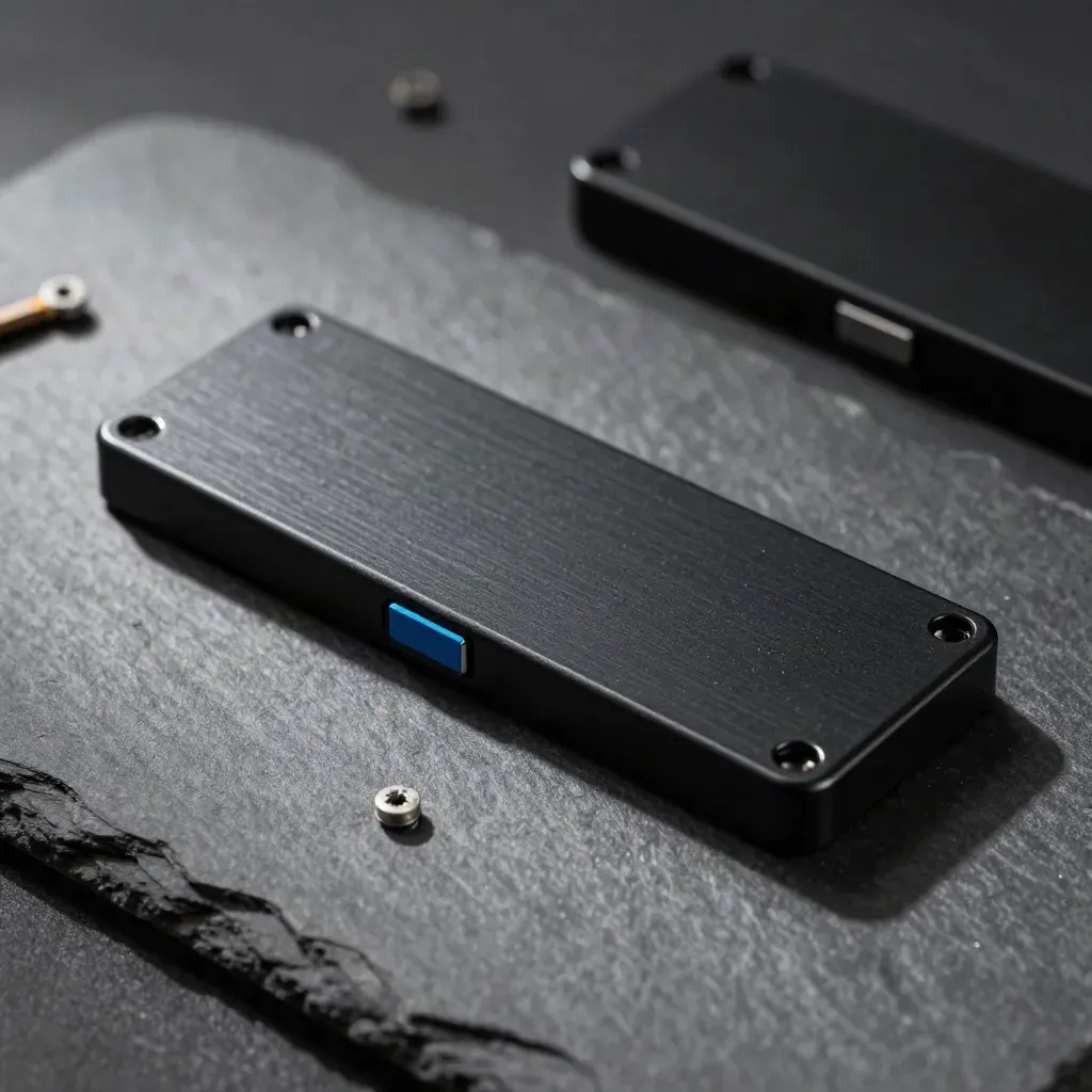 Macro of a black NVMe drive tray, spare caddy and tiny screws on stone.