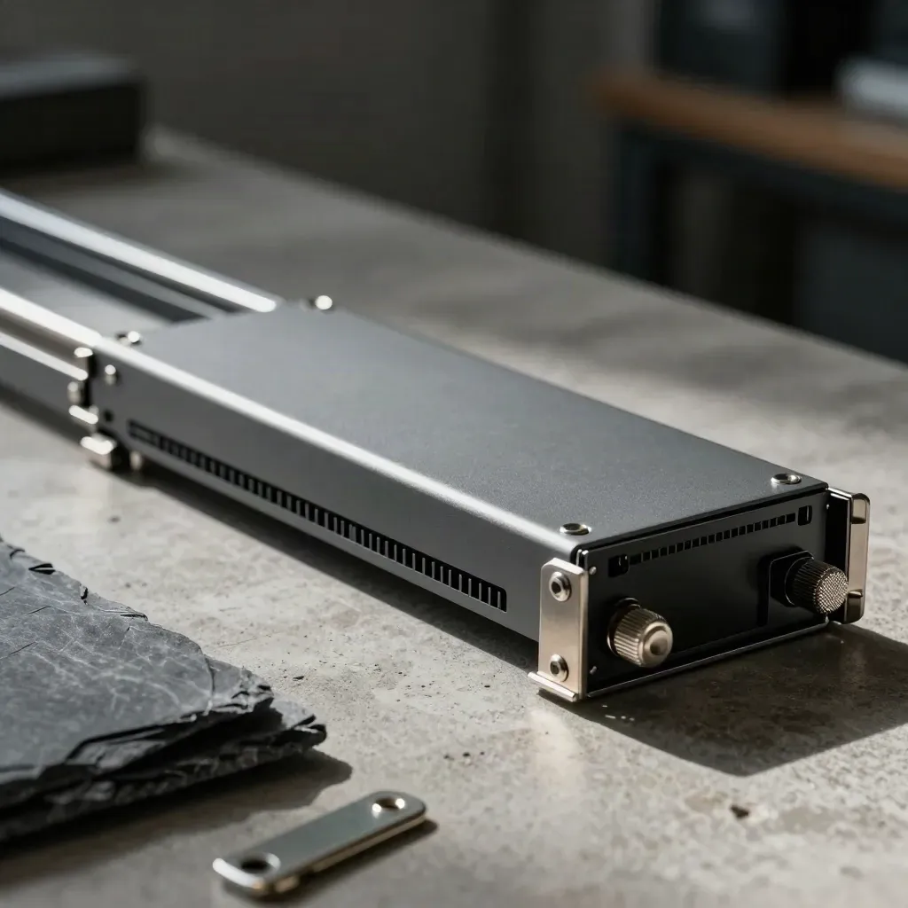 Rack server blade half-slid on rails under dramatic workshop light on concrete.