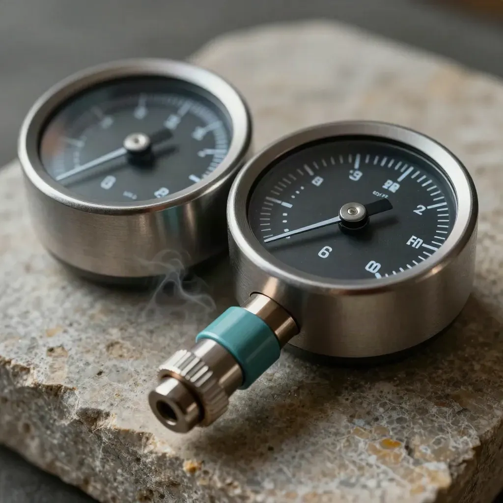 Pressure gauges, probe, and calibration ring on stone with vapor and dramatic light