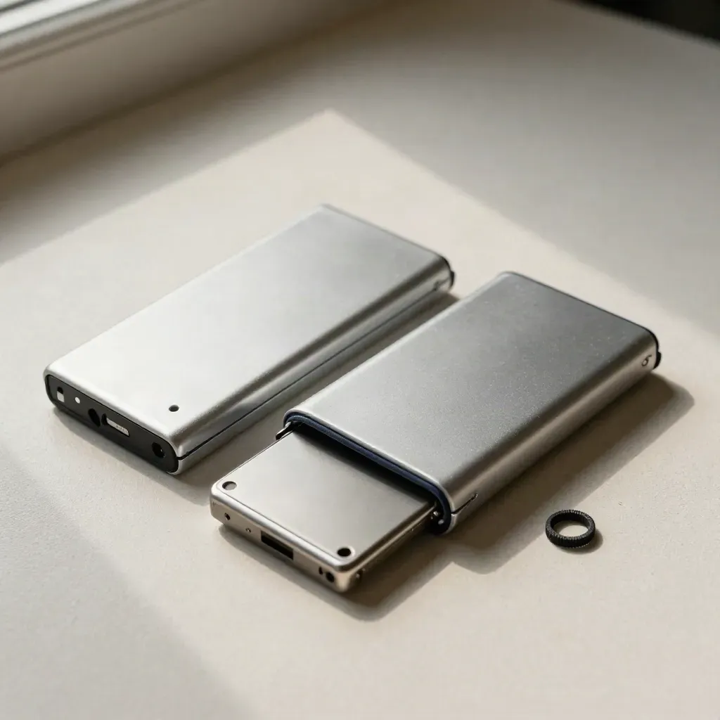 Top-down still life of SSD sleeves, a backup drive, and cable tie on pale plaster.