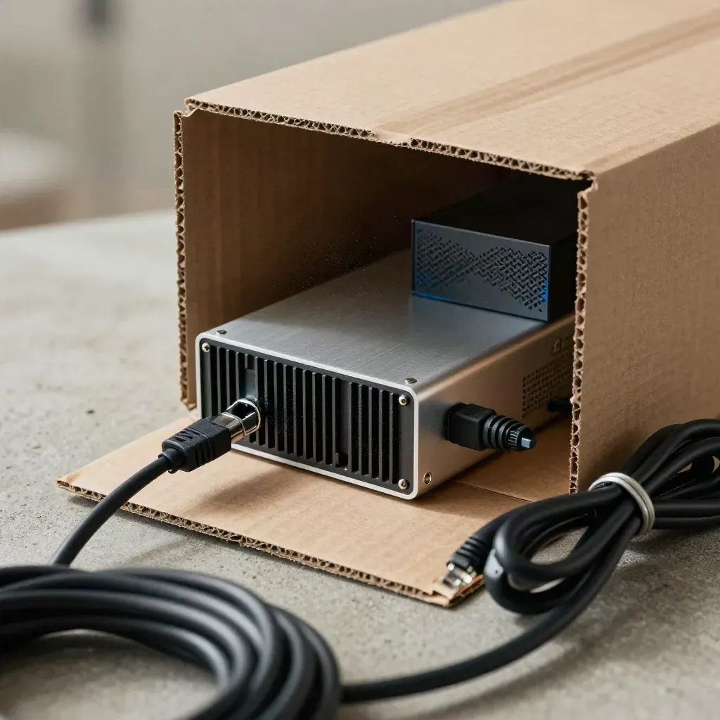 Macro view of a startup server kit mid-unpack in a shipping carton, seen through coiled cable.
