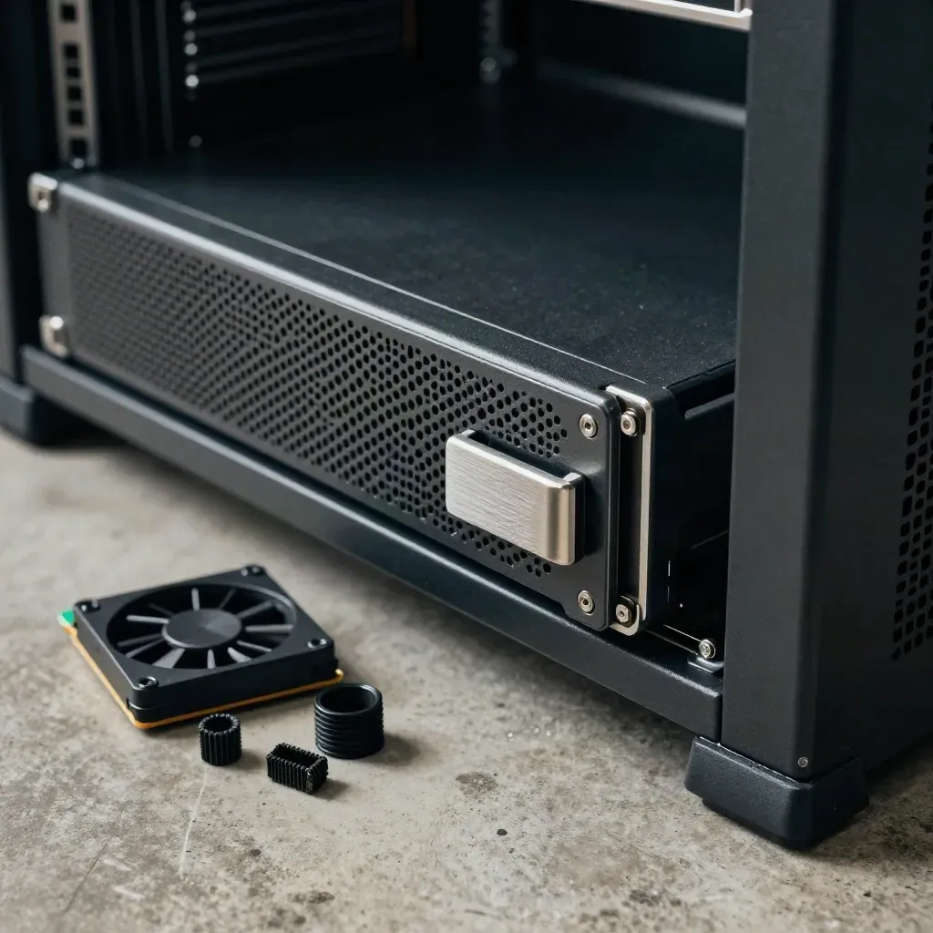 Server rack maintenance kit with drive handle, fan module, and cable combs in dramatic light.