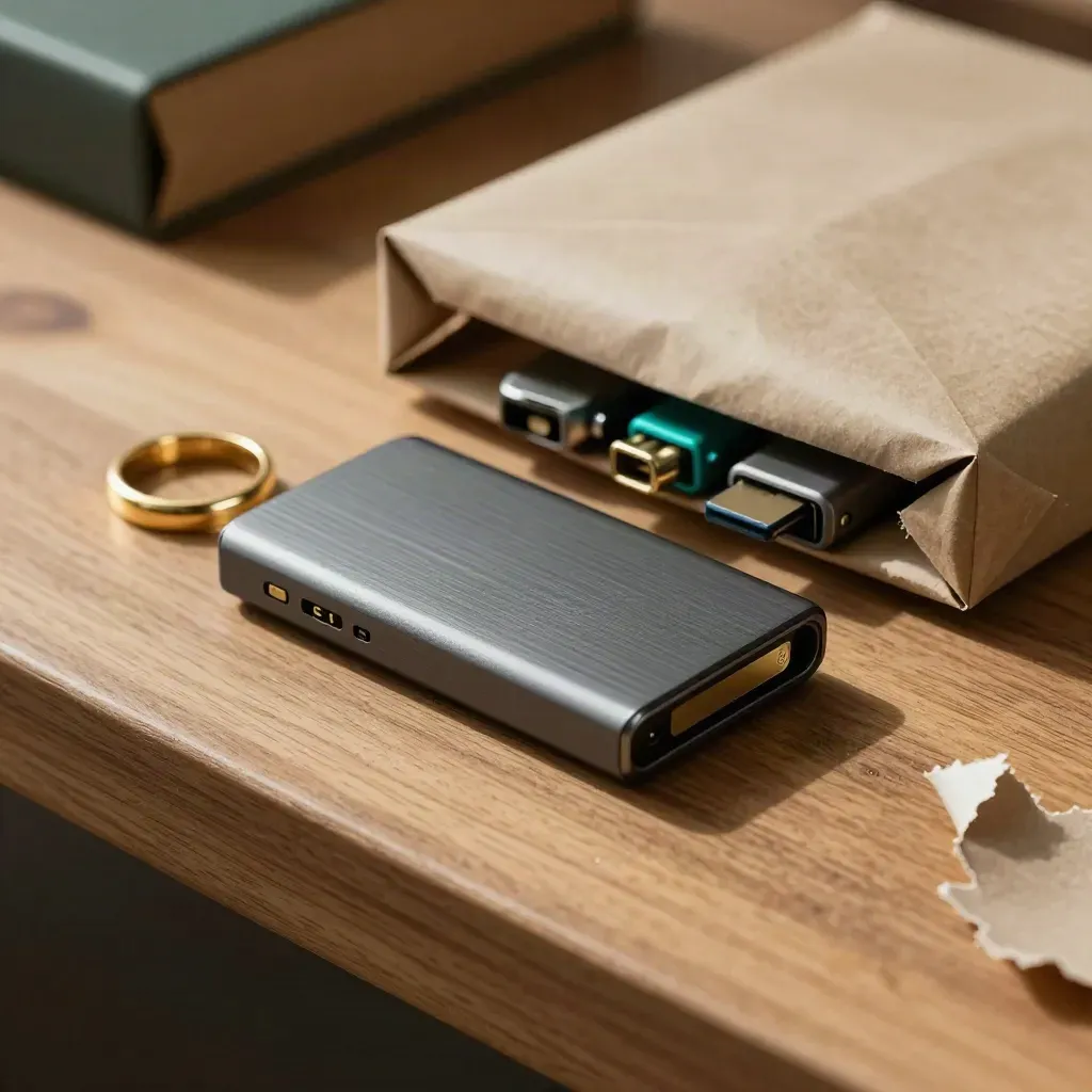 Hosting handoff still life with SSDs, brass keys, couplers, nameplate, and parcel on wood.