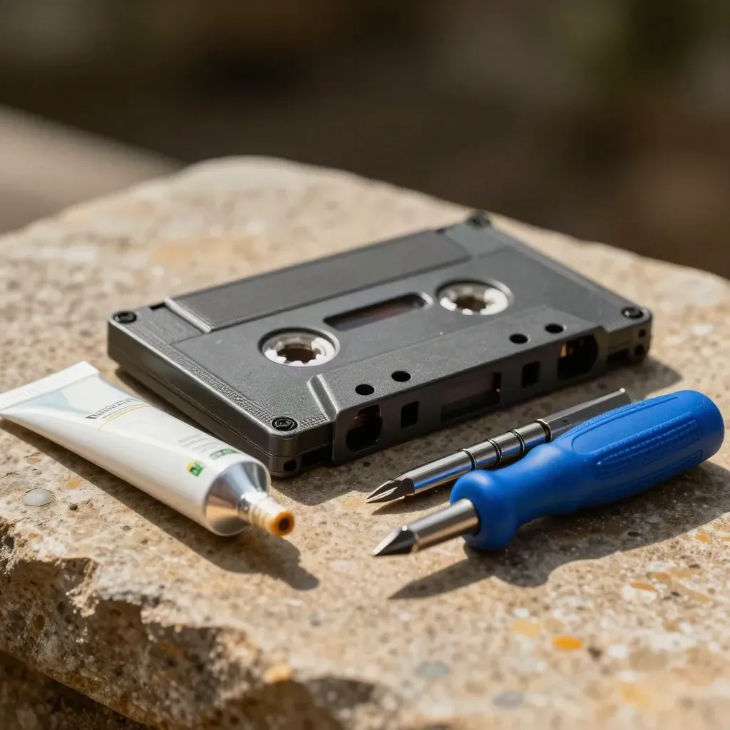 Backup tape cartridge with screwdriver bits and thermal paste on warm stone