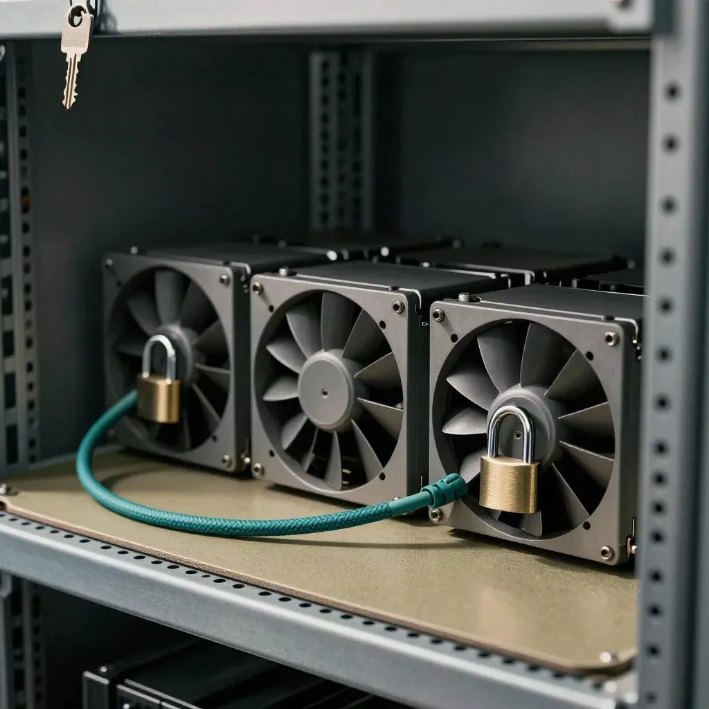 Three server fan modules, padlocks and a braided cable on a dim data-centre shelf.