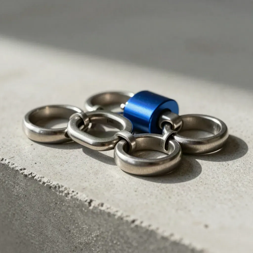 Brushed metal rings, connector block, and clasp on pale concrete with blue accent