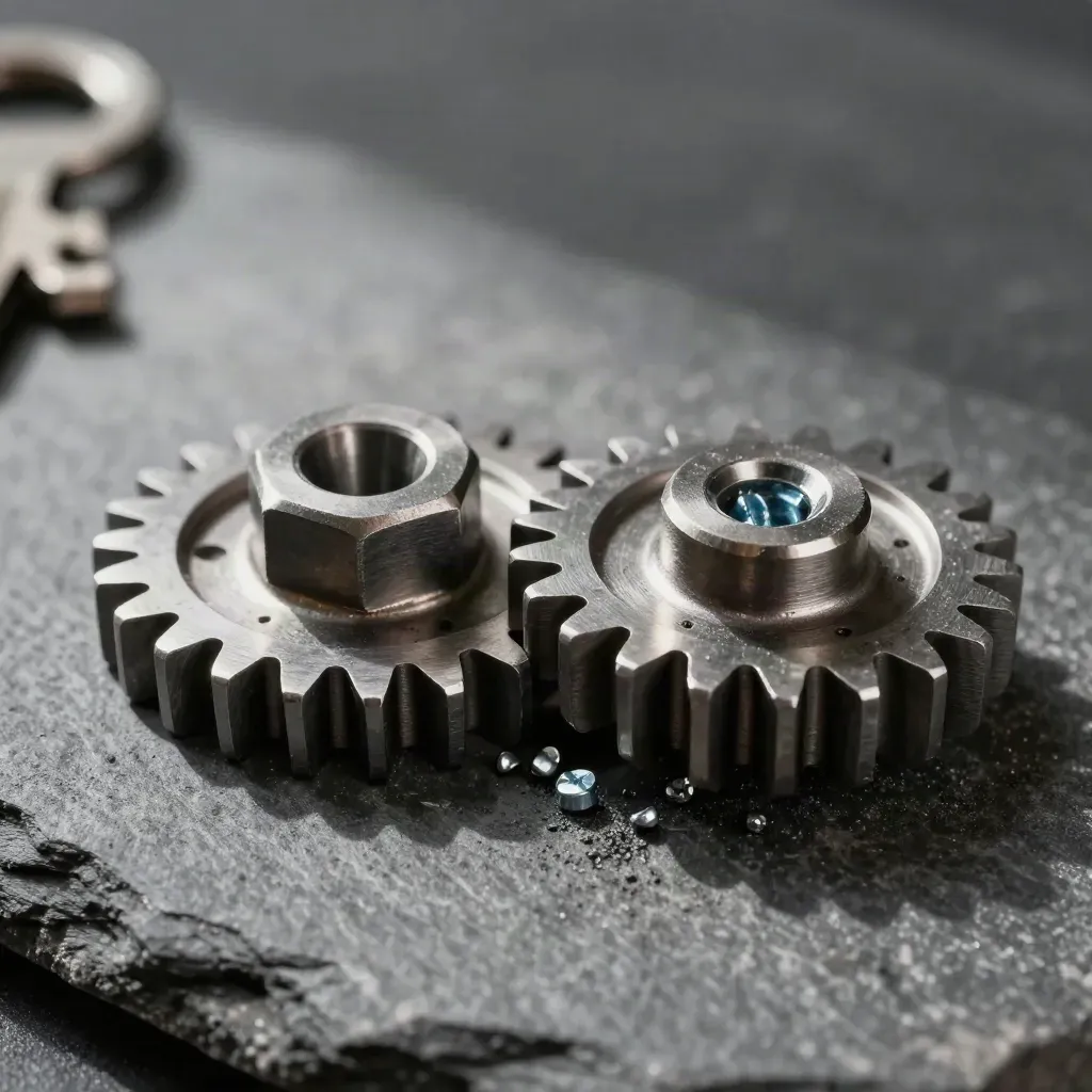 Machined gears, hex coupler, and screws on brushed stone with dramatic diagonal shadow.