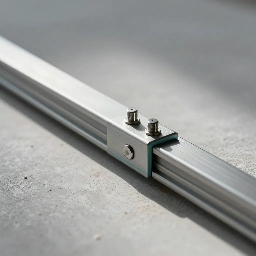 Brushed aluminum rail with sliding block and alignment pins on pale plaster, lit from the side.