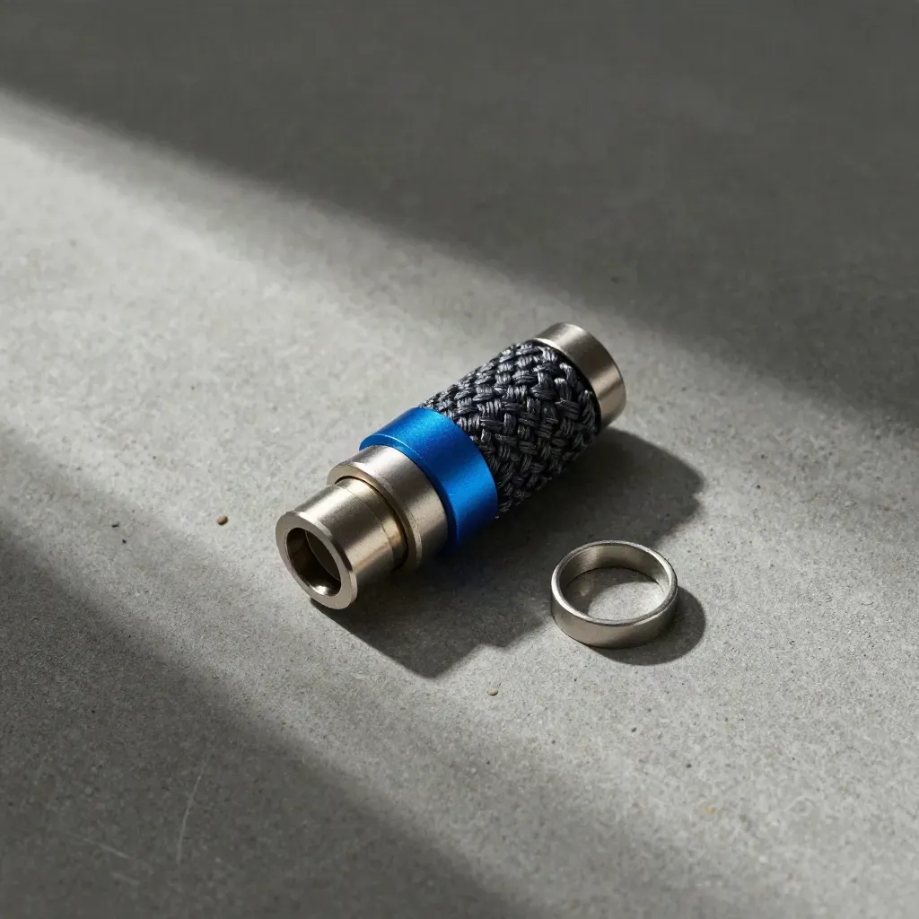 Top-down sensor puck, braided connector and calibration ring on concrete with blue accent.